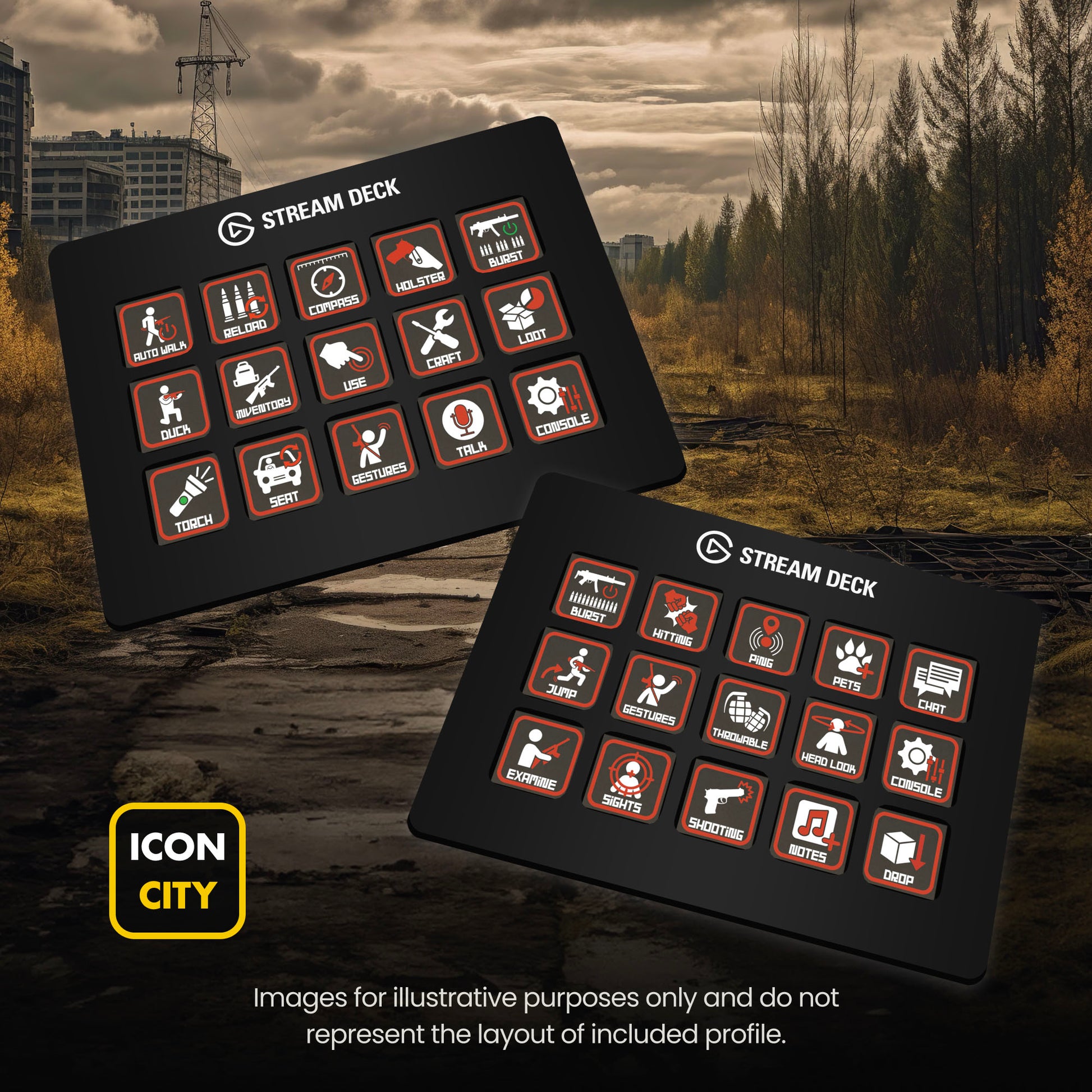 Two Stream Deck devices showing Rust icons by iConCity. Images for illustrative purposes only and do not represent the layout of included profiles. 