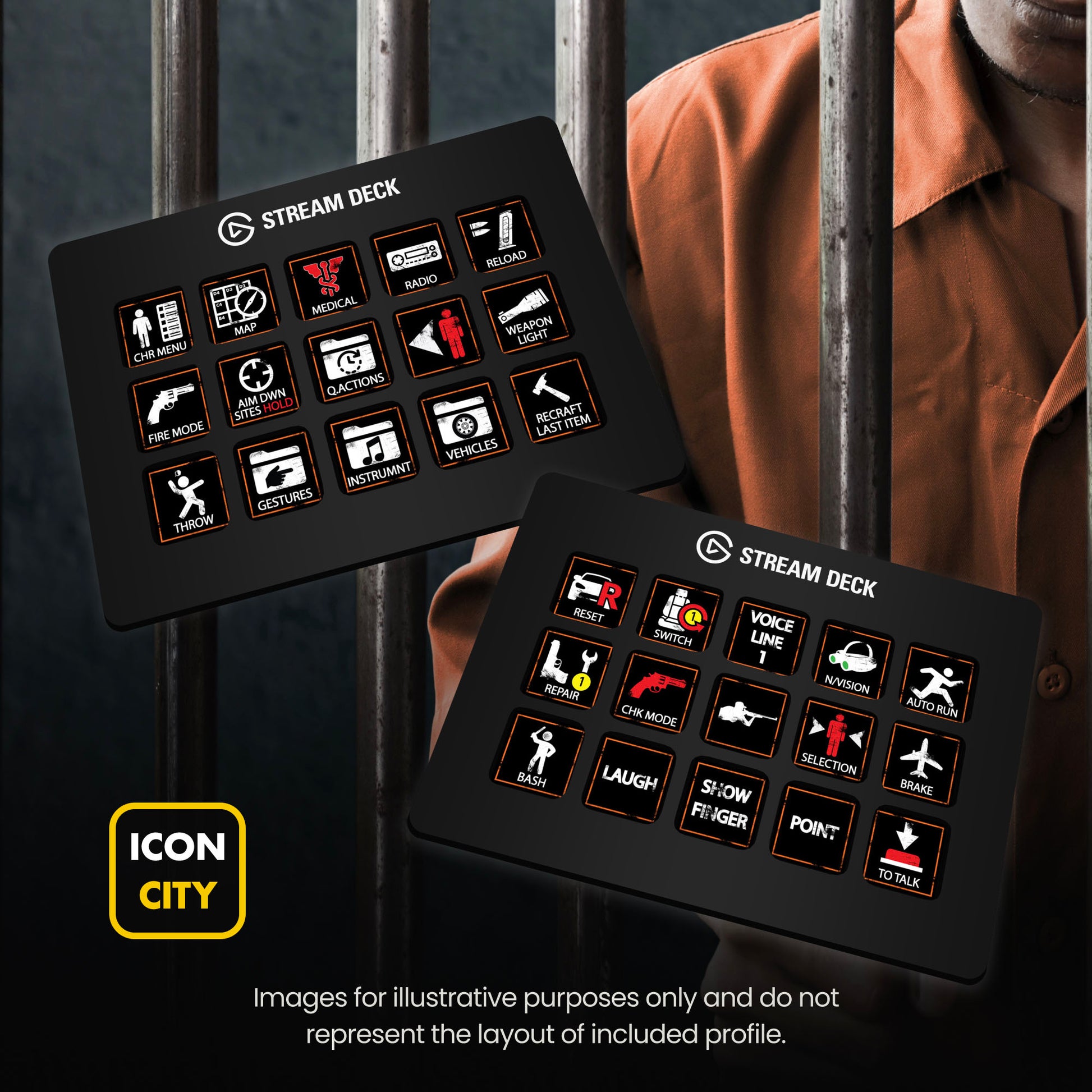 Two Stream Deck devices showing SCUM icons by iConCity. Images for illustrative purposes only and do not represent the layout of included profiles. 