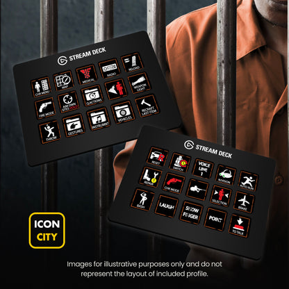 Two Stream Deck devices showing SCUM icons by iConCity. Images for illustrative purposes only and do not represent the layout of included profiles. 