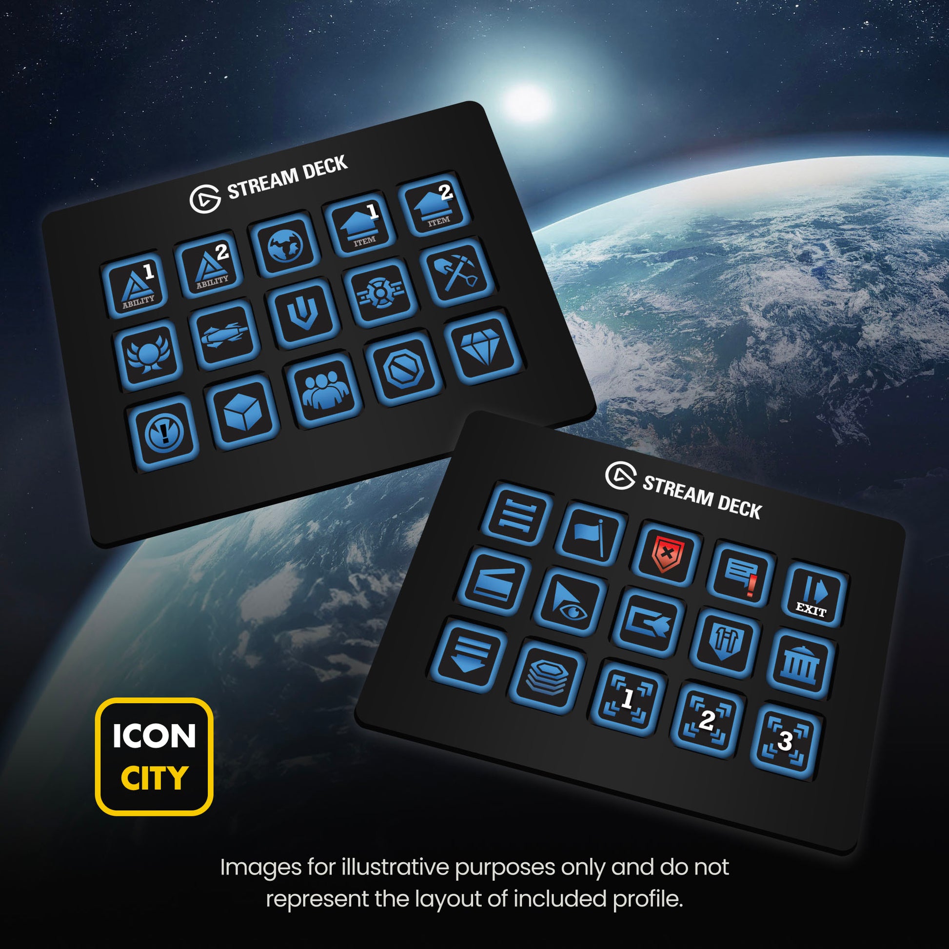 Two Stream Deck devices showing Sins of a Solar Empire II icons by iConCity. Images for illustrative purposes only and do not represent the layout of included profiles. 