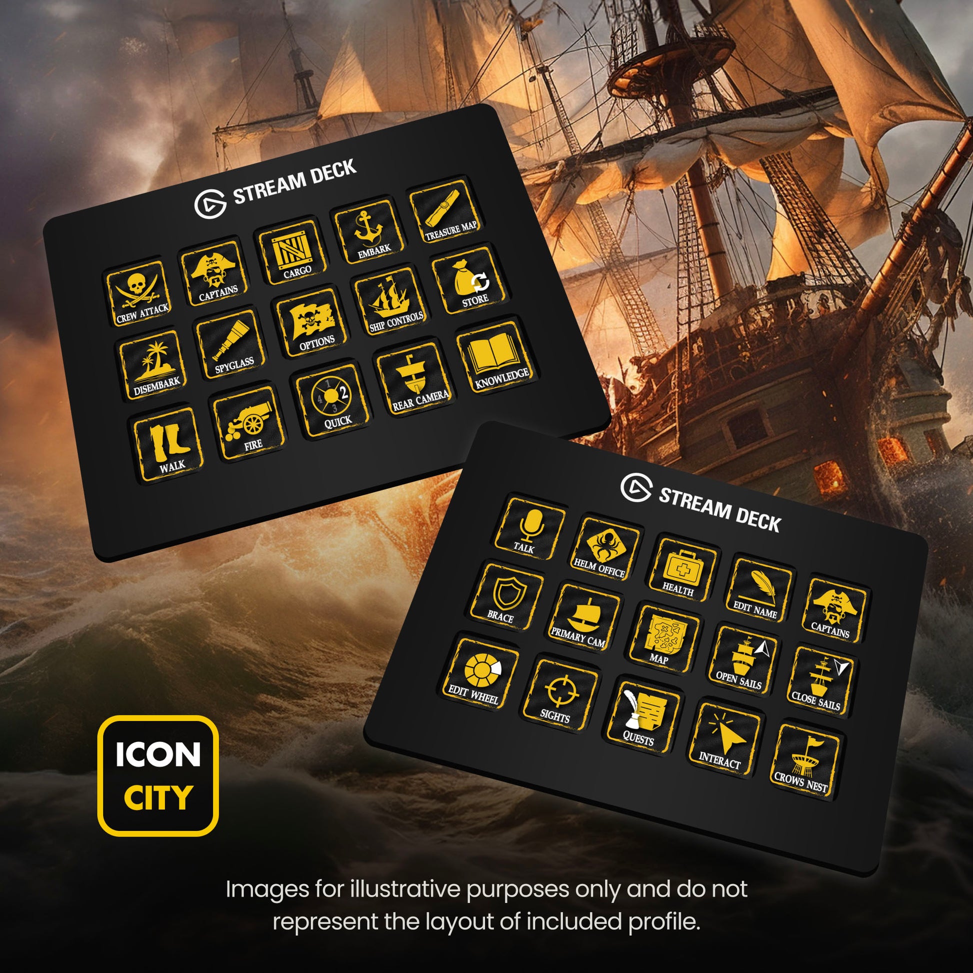 Two Stream Deck devices showing Skull & Bones icons by iConCity. Images for illustrative purposes only and do not represent the layout of included profiles. 