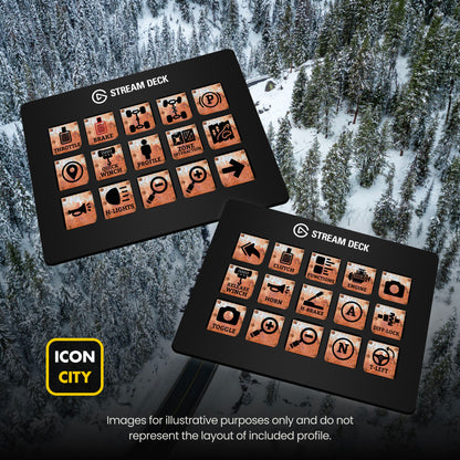 Two Stream Deck devices showing Snow Runner icons by iConCity. Images for illustrative purposes only and do not represent the layout of included profiles. 