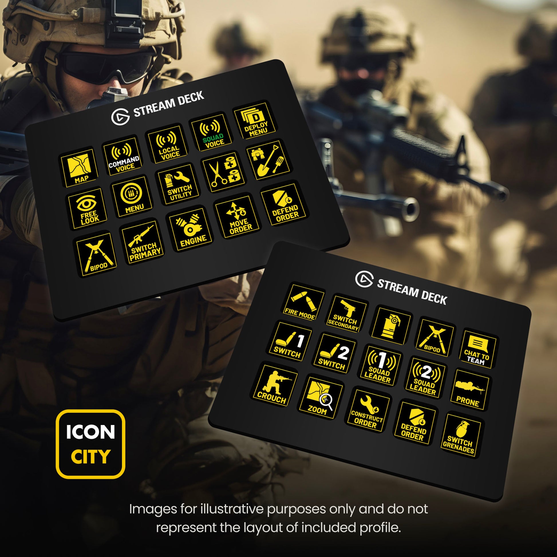 Two Stream Deck devices showing Squad icons by iConCity. Images for illustrative purposes only and do not represent the layout of included profiles. 