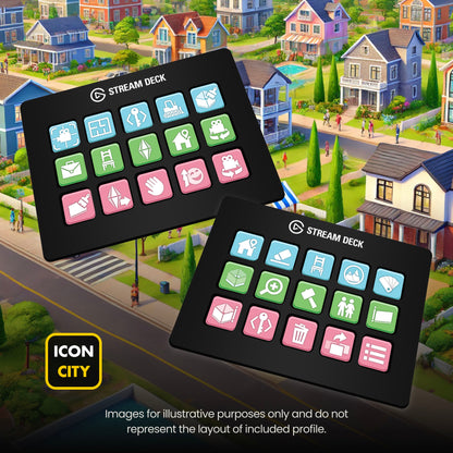 Two Stream Deck devices showing The Sims 4 icons by iConCity. Images for illustrative purposes only and do not represent the layout of included profiles.