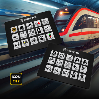 Two Stream Deck devices showing Train Sim World 2 icons by iConCity.