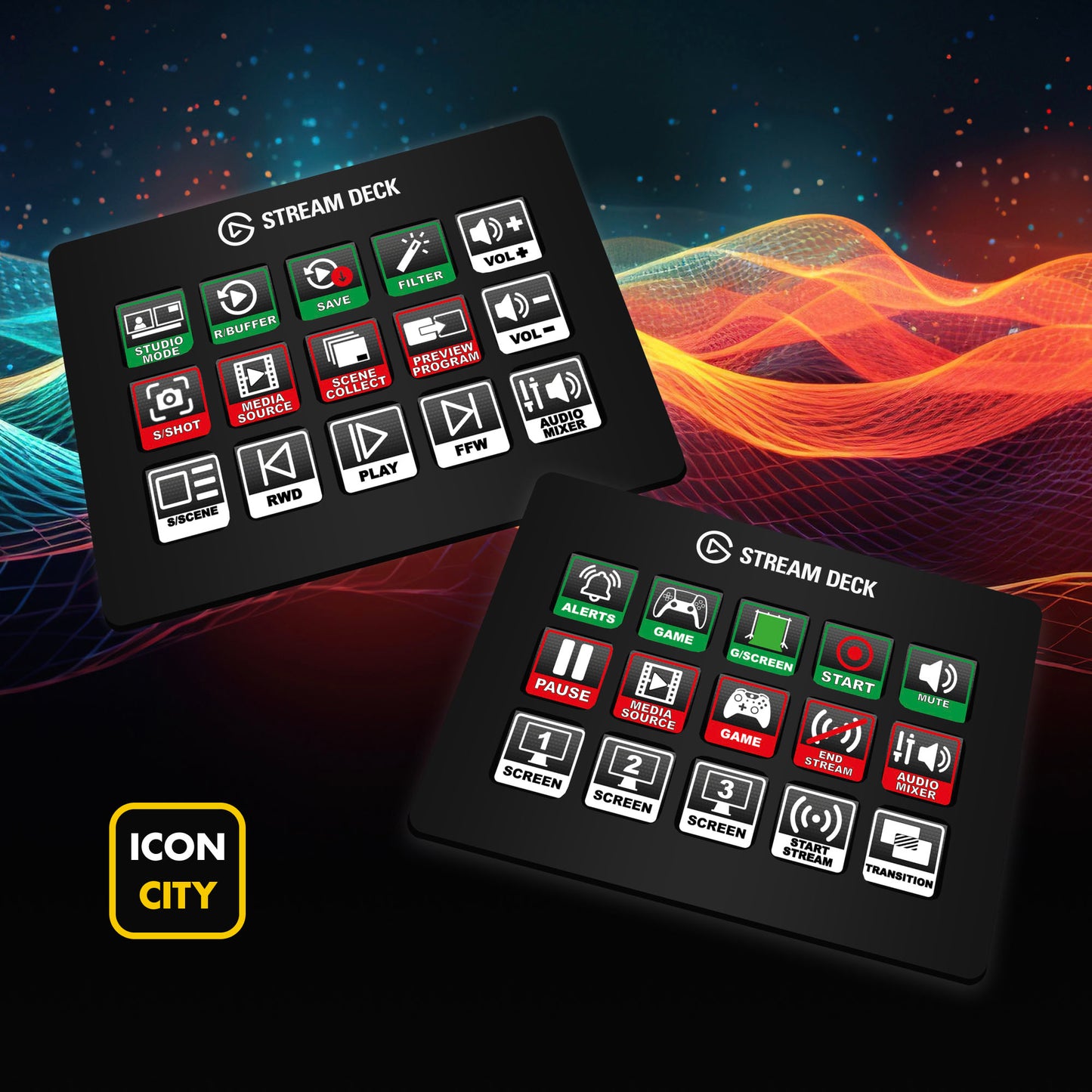 Two Stream Deck devices showing Broadcast Deck Studio icons by iConCity.